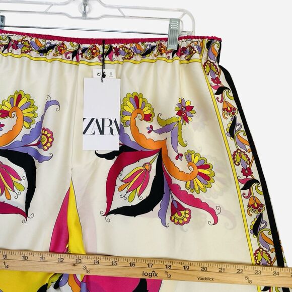 Zara Wide Leg Cropped Pants Women L Muticolor Scarf Print Silky Pull On - Picture 9 of 10